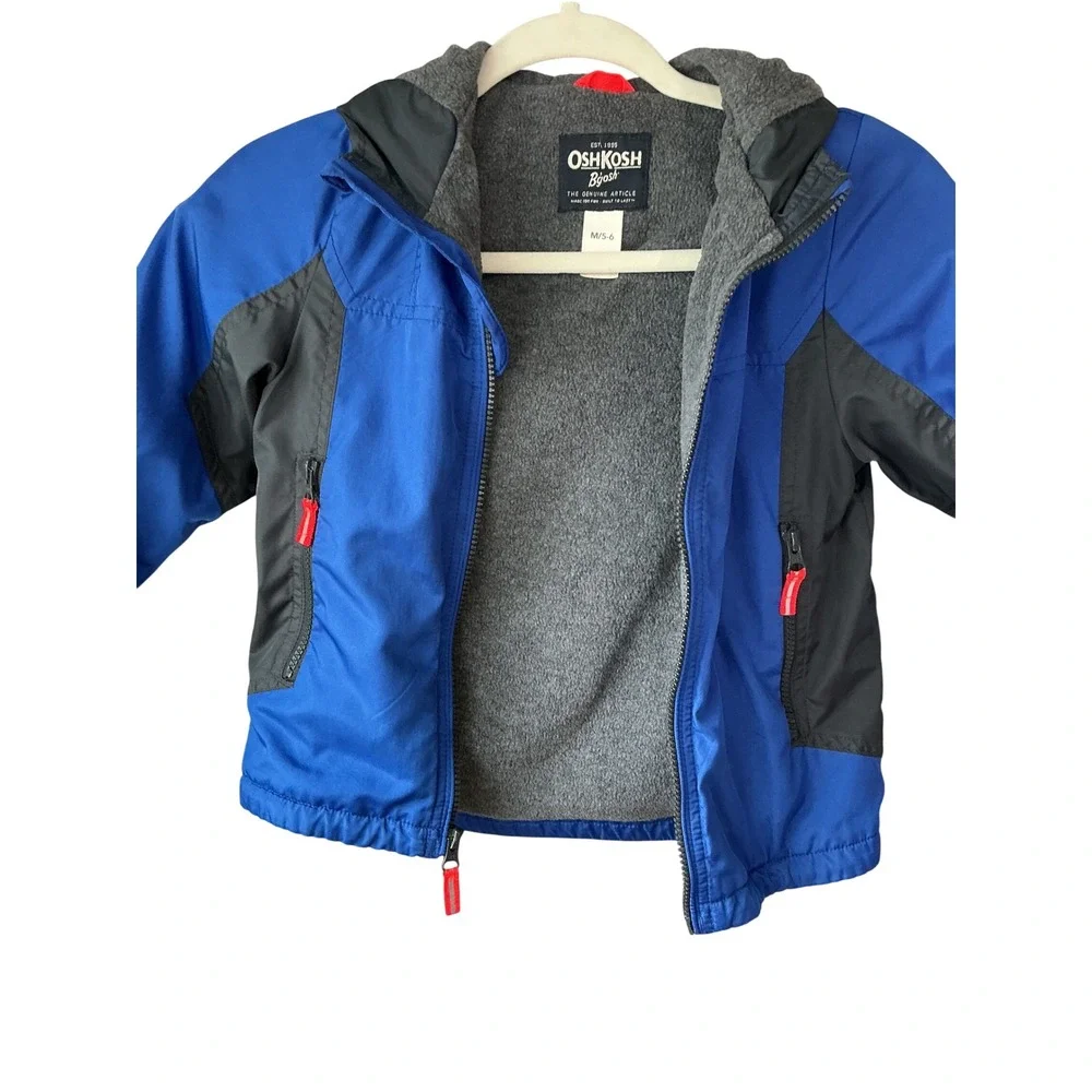 OshKosh Bgosh Boys Blue Grey Fleece Lined Hooded Windbreaker Jacket Size 5-6
